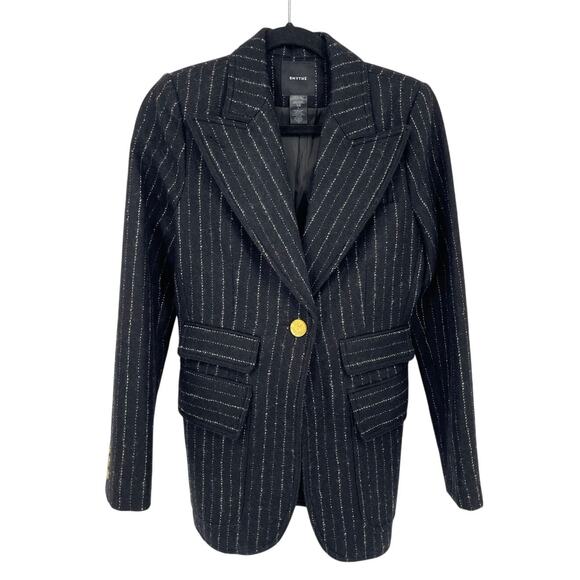 Smythe Birkin Pinstripe Virgin Wool Fitted Cutaway Blazer Jacket In Black size 6 - Picture 2 of 11